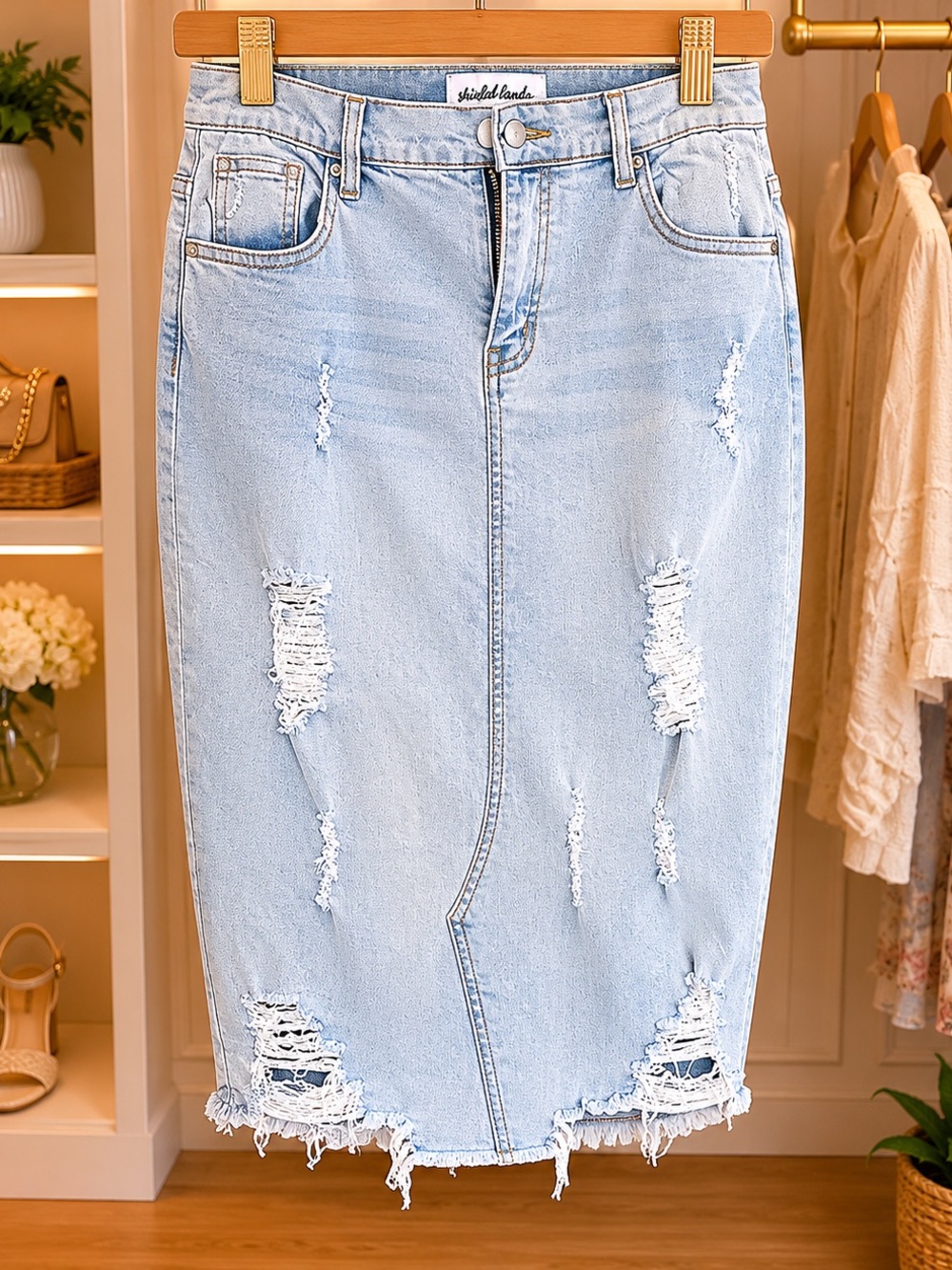 Distressed Light Blue Denim Maxi Skirt